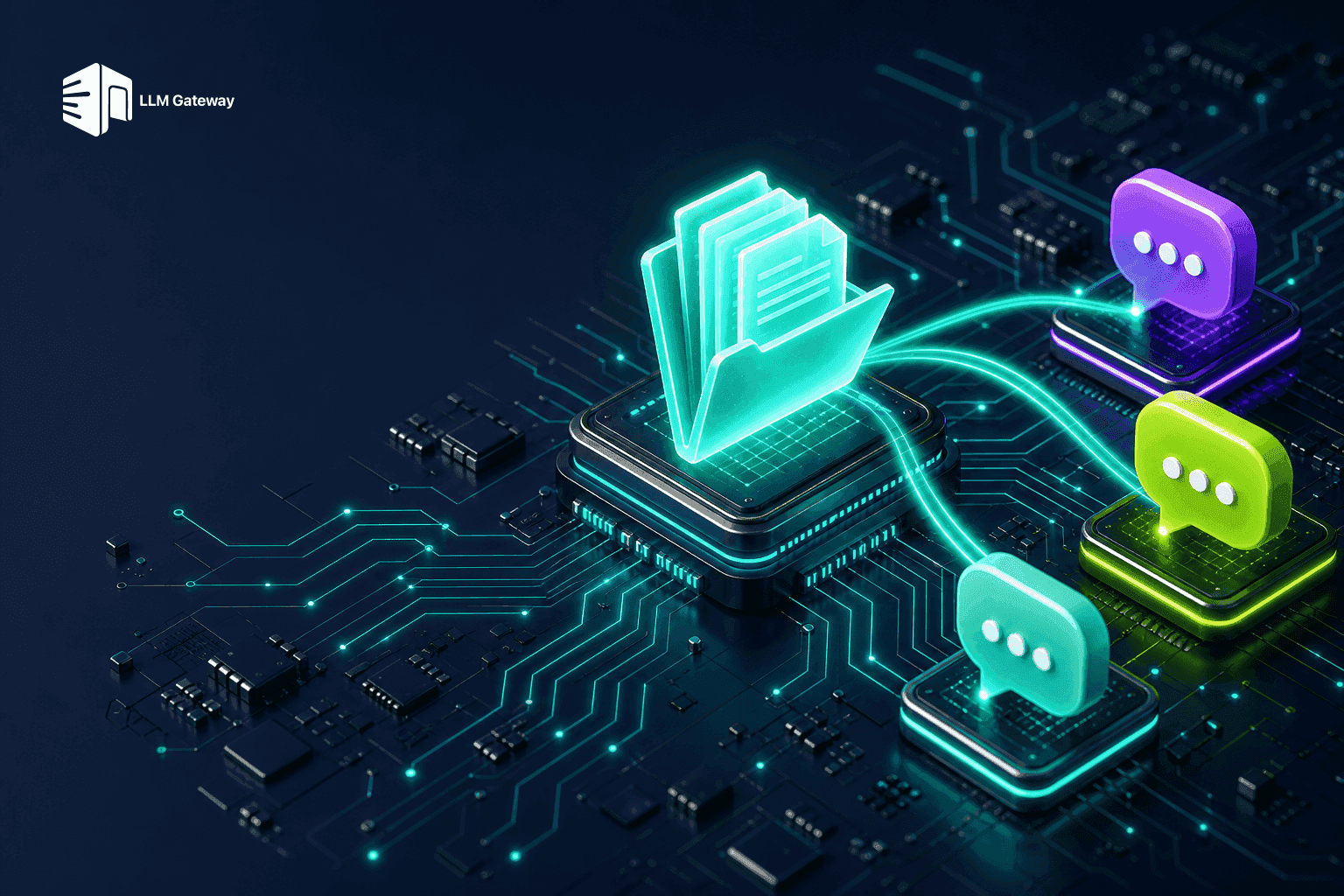 A glossy 3D circuit board with a glowing folder holding documents at its center, representing a project knowledge base feeding AI chats