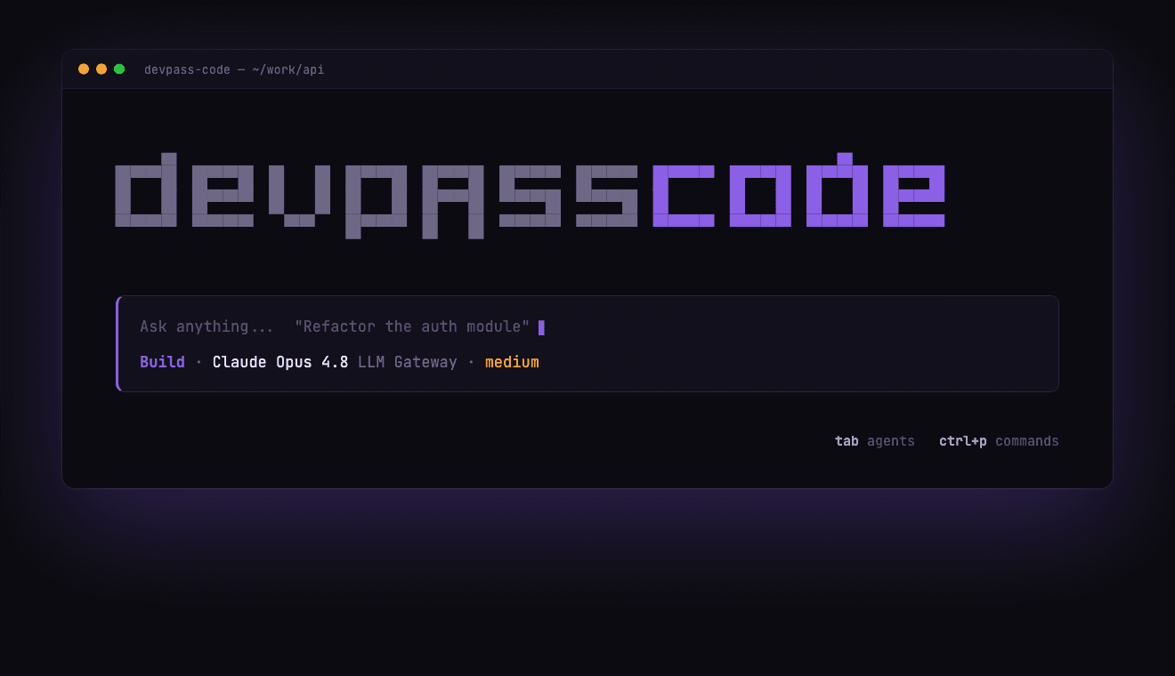 The DevPass Code terminal splash screen, showing the model set to Claude Opus 4.8 through LLM Gateway