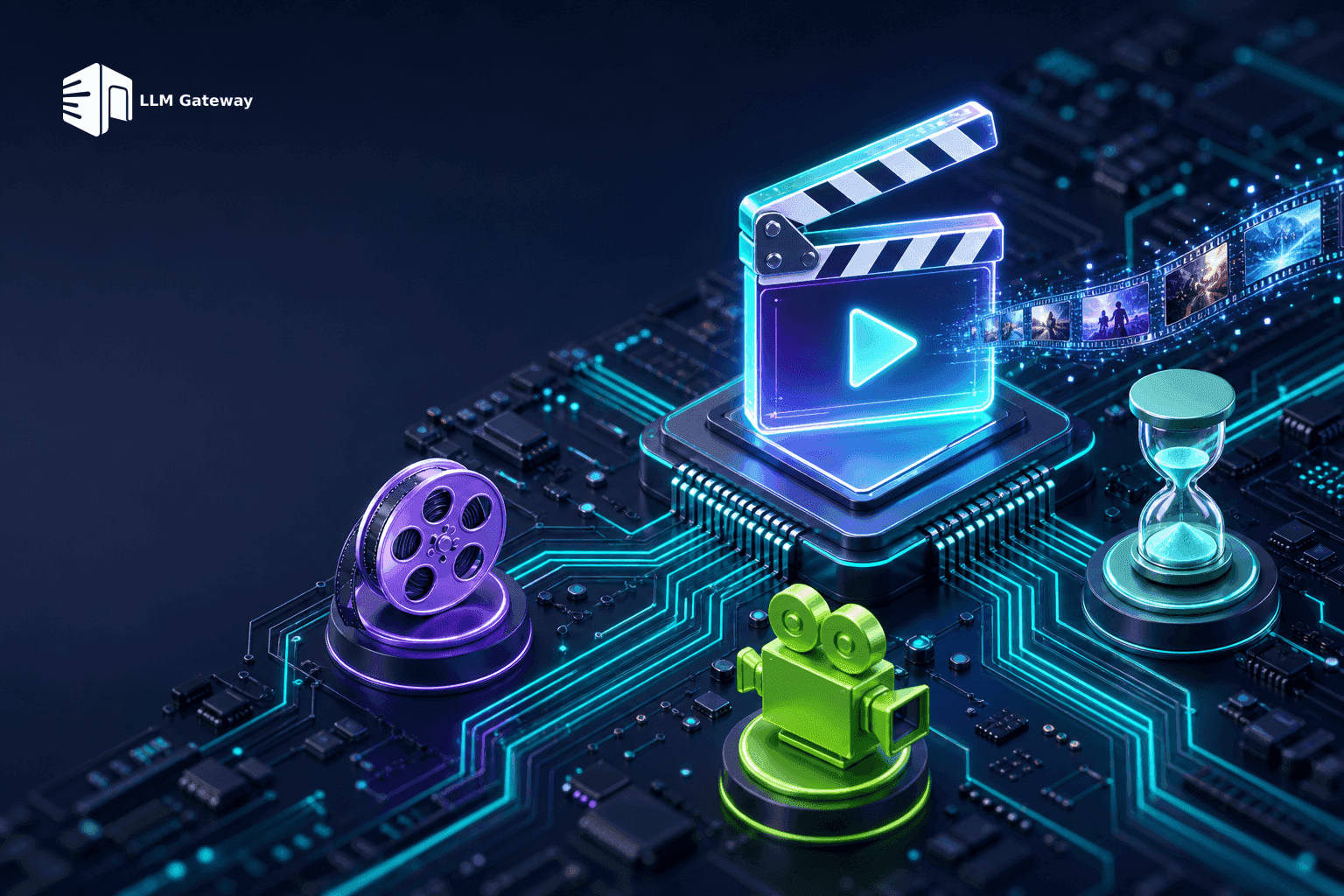 A glowing film clapperboard rendering frames on a circuit board, representing an AI video generation API