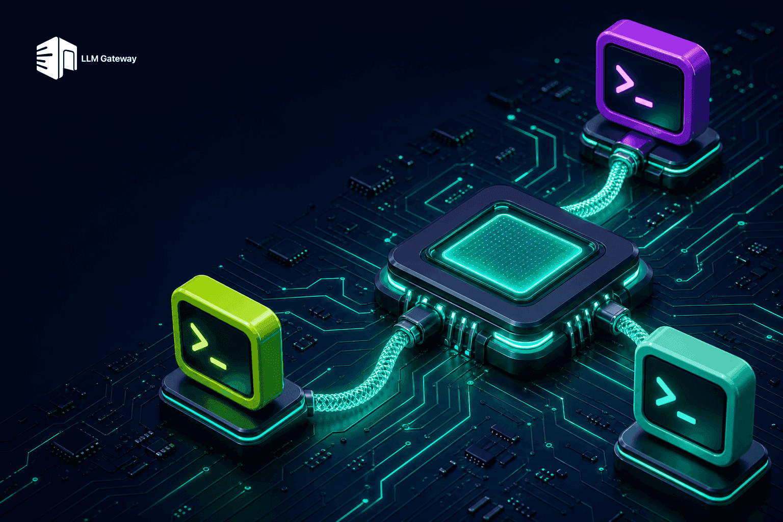 Circuit board with cables plugging coding tool icons into a central glowing chip, representing Kimi K3 connected to Claude Code, Cursor, and Cline