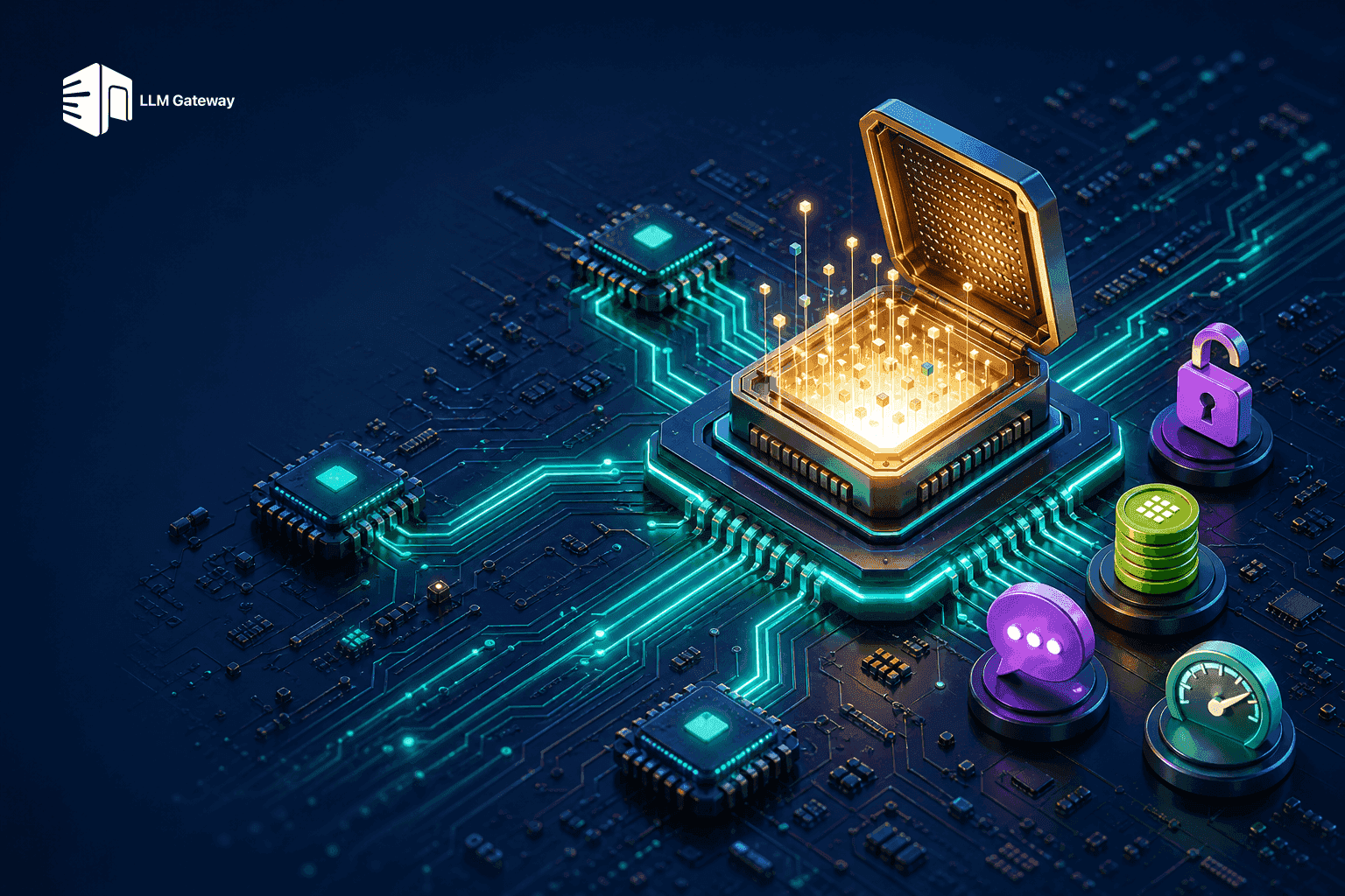 Glossy circuit board with a glowing central chip radiating light traces, representing Kimi K3 and open-weight models routing through one gateway