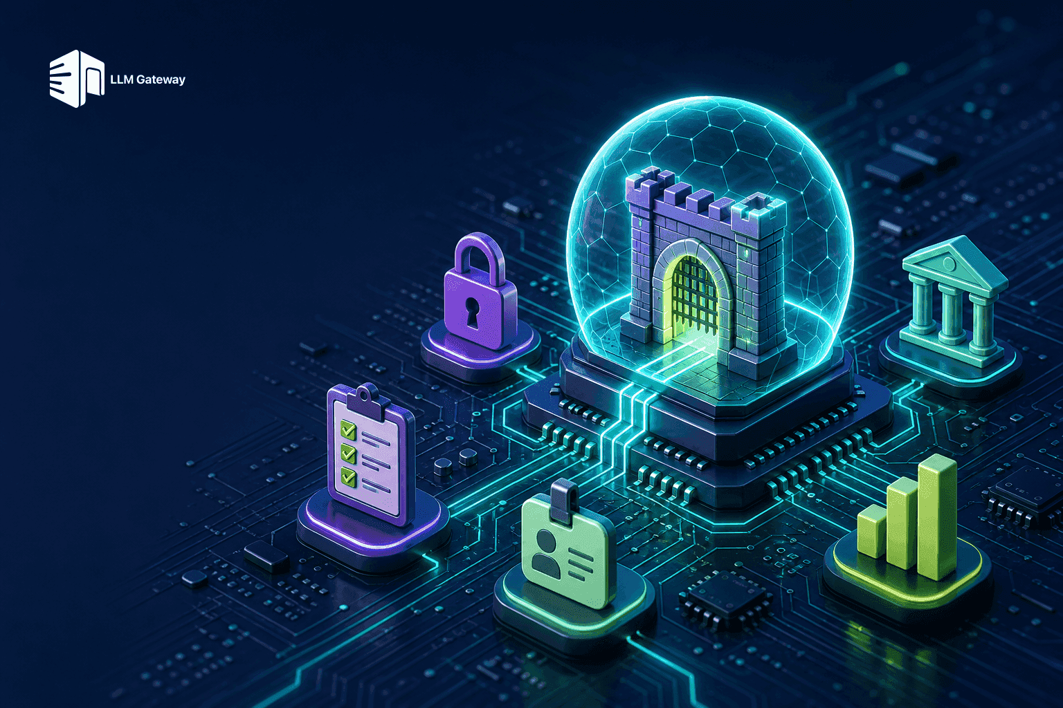 Enterprise OpenRouter alternatives — a shielded gateway vault on a circuit board with audit and compliance icons