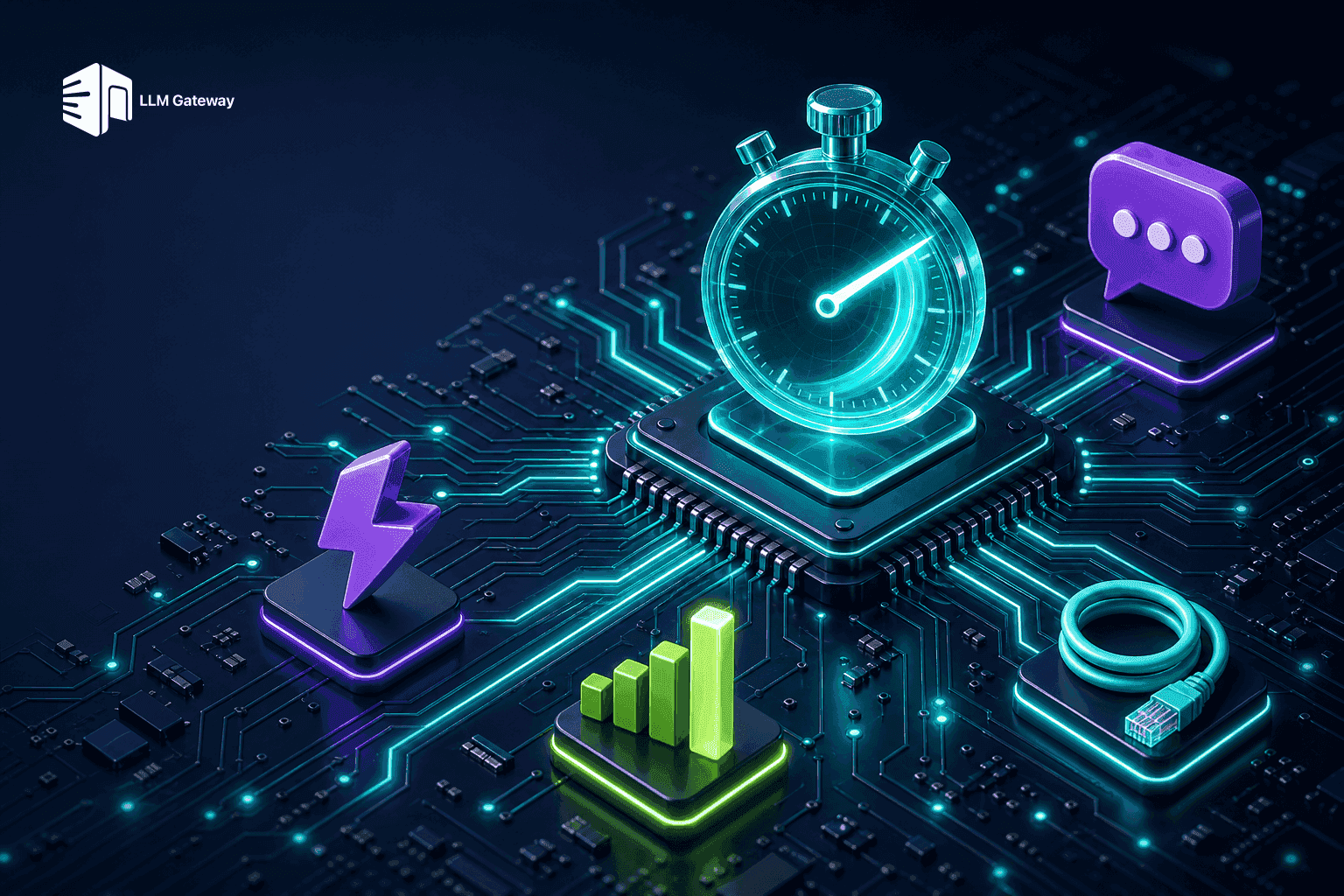 Glossy circuit board with a glowing stopwatch on the central chip and light traces racing toward it, representing an AI gateway latency benchmark