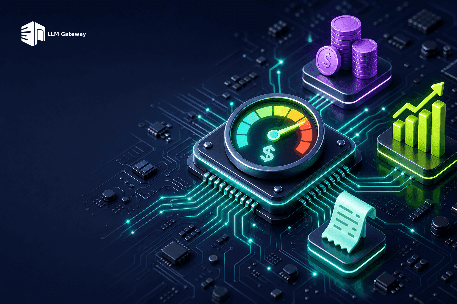 A glowing cost meter and coins on a circuit board, representing LLM usage and spend tracking