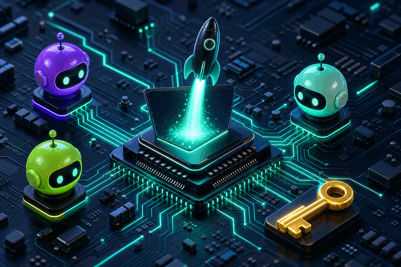A glowing terminal on a circuit board launching a fleet of coding agents, representing the LLM Gateway CLI's new launch command