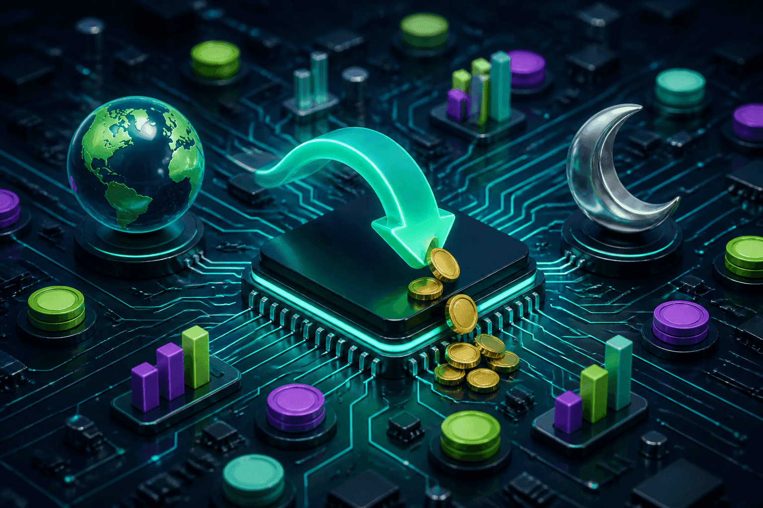 Glowing price-cut arrow and coins beside earth and moon icons on a circuit board, announcing GPT-5.6 Terra and Luna price cuts
