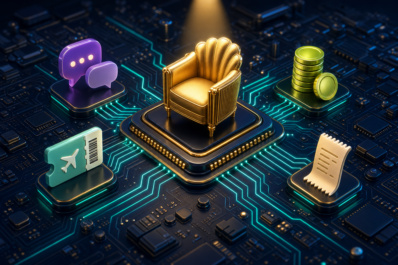 A golden art-deco lounge armchair on a circuit-board chip, surrounded by chat, ticket, coin, and receipt icons — the new Lounge identity