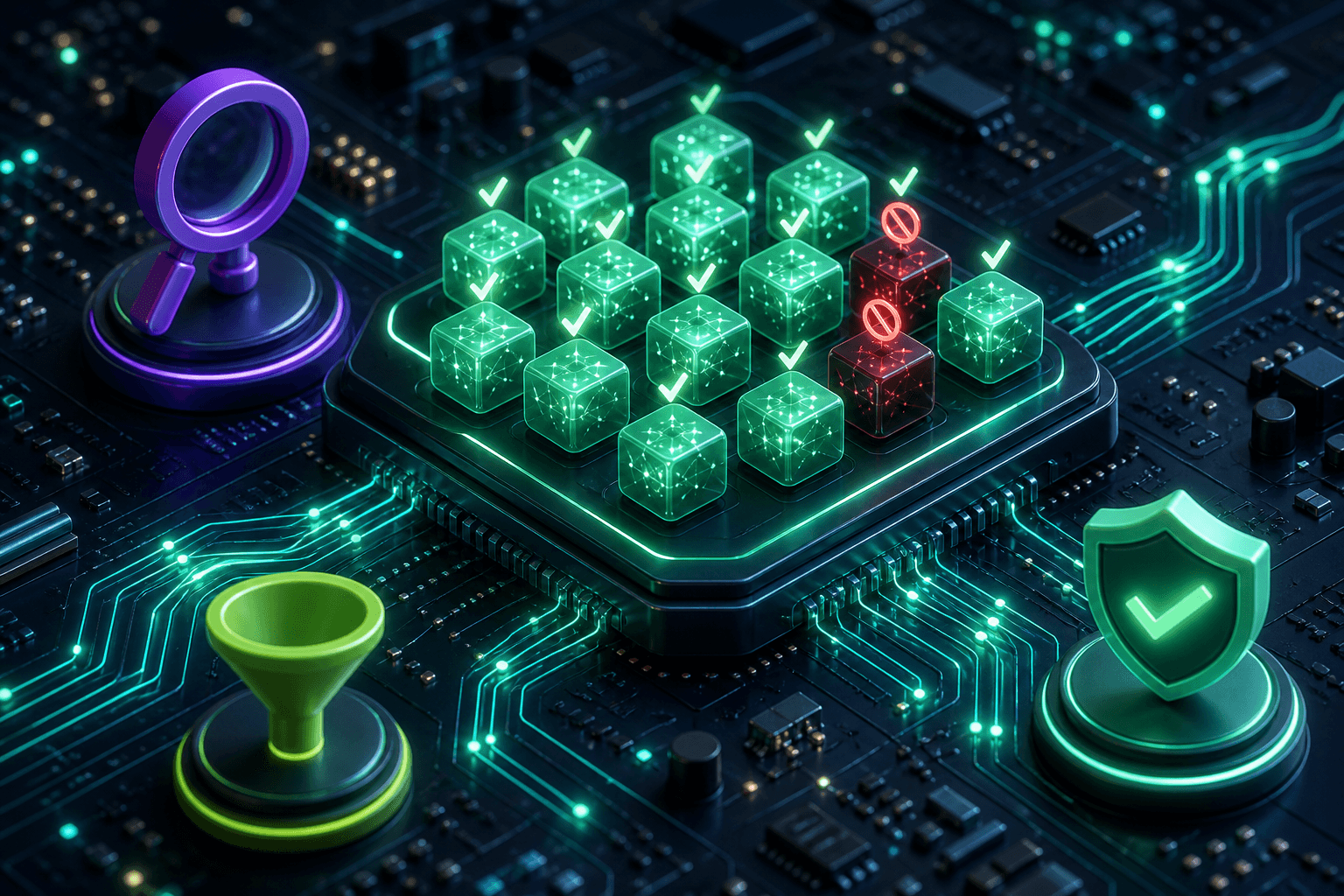 A glowing model catalog grid on a circuit-board chip with allowed and blocked model tiles, representing the org models directory with compliance eligibility