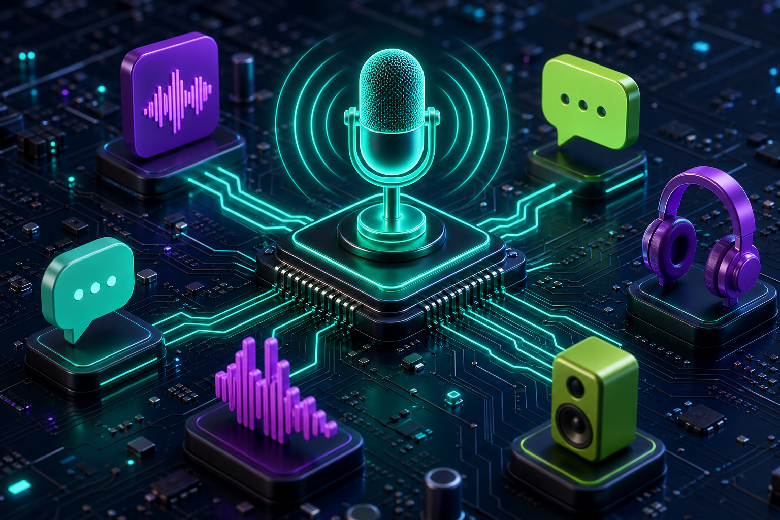 A glowing microphone on a circuit-board chip surrounded by sound waves and audio icons, representing the LLM Gateway realtime voice API
