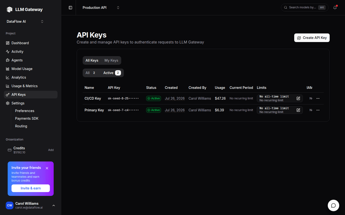 LLM Gateway API keys management