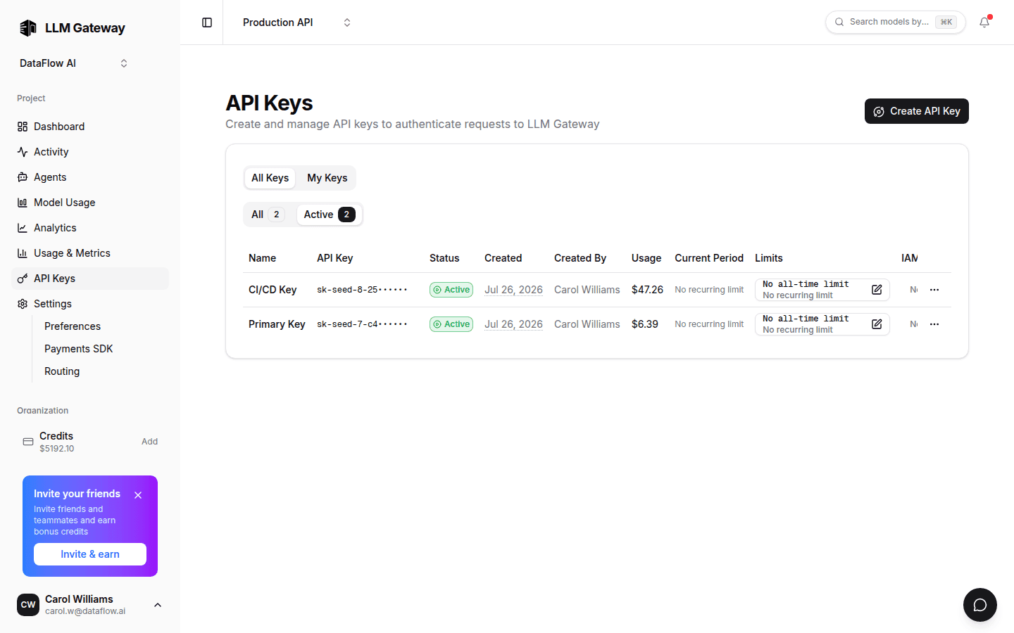 LLM Gateway API keys management