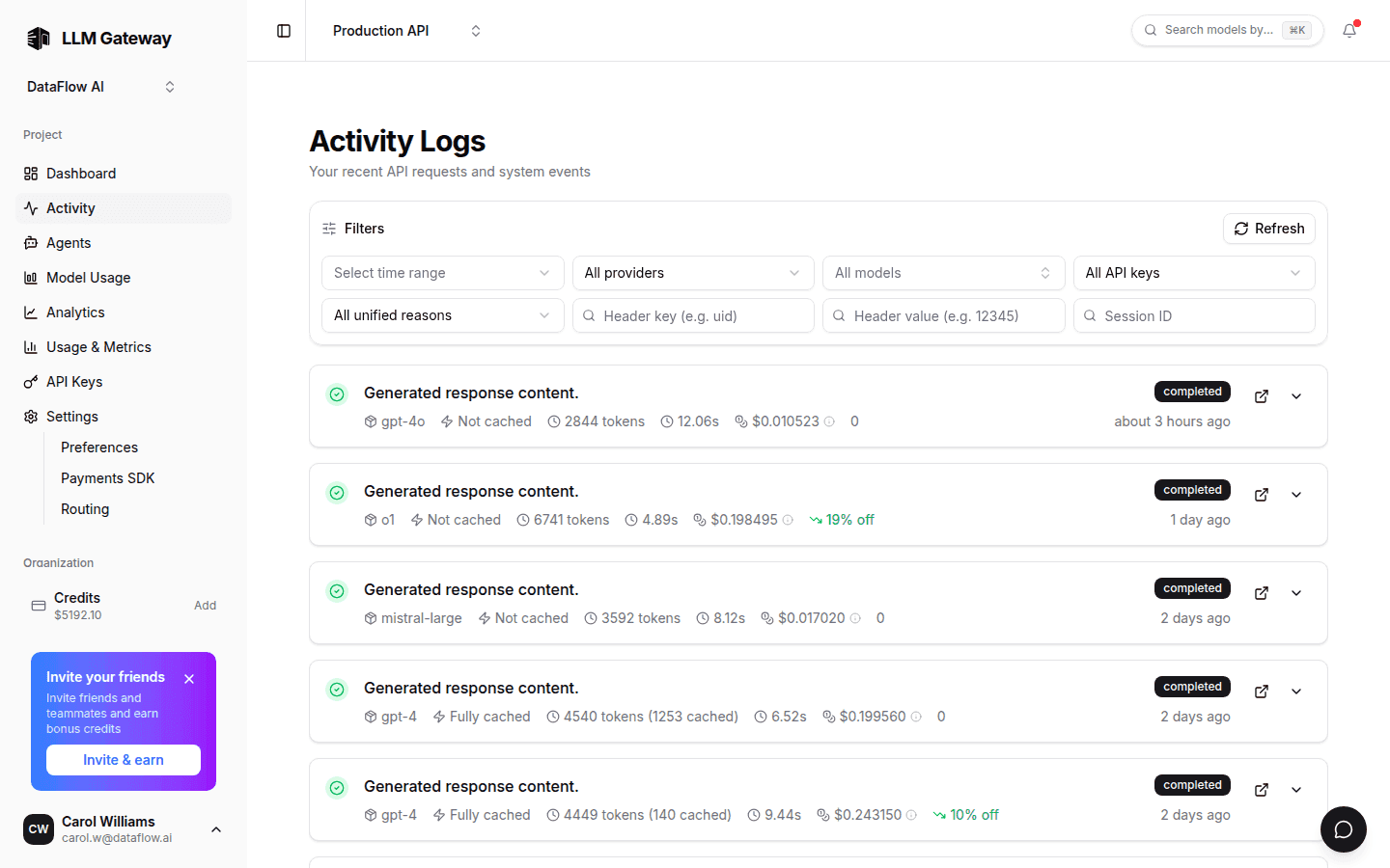 LLM Gateway activity view with per-request logs