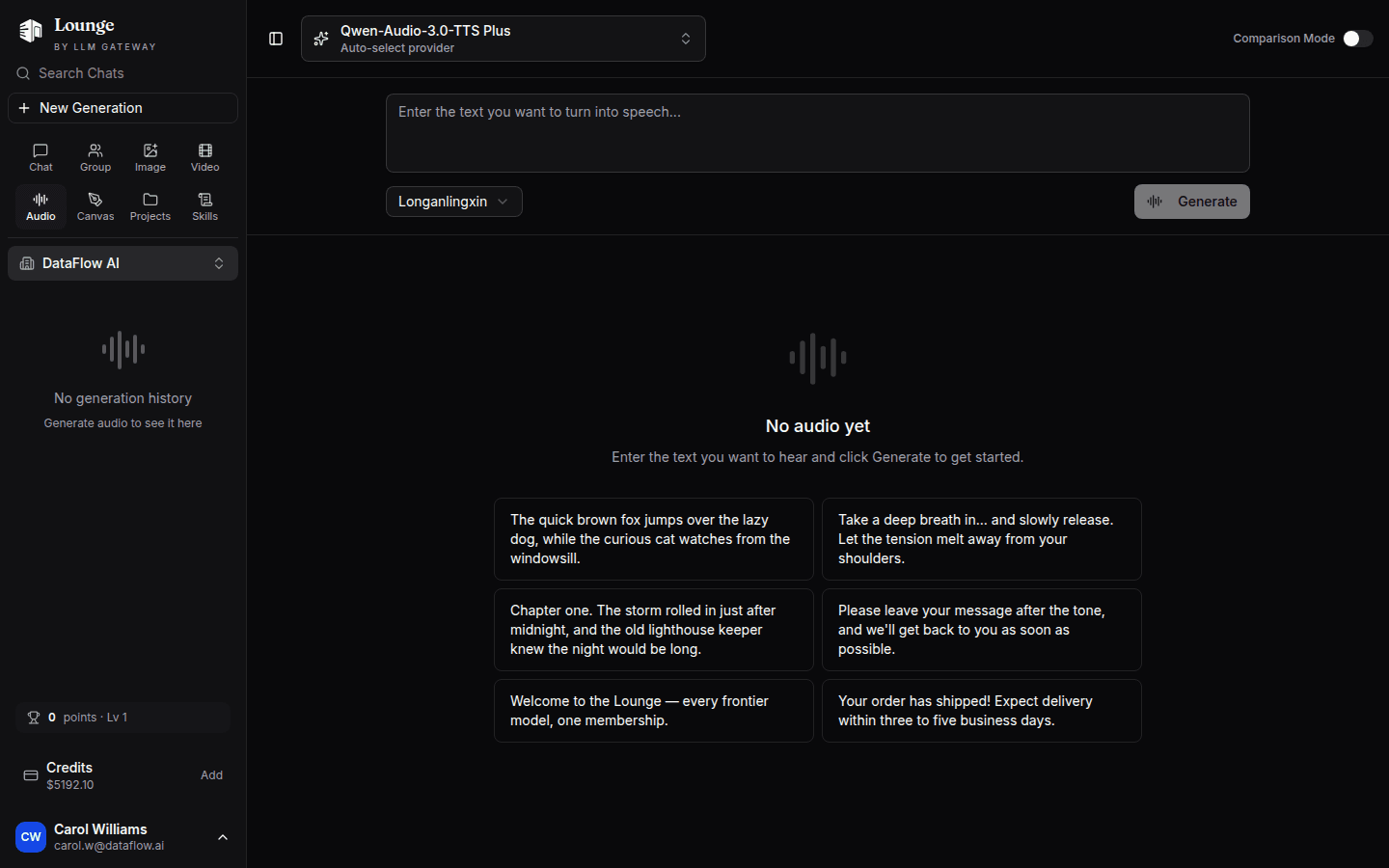 Lounge Audio Studio generating speech from text
