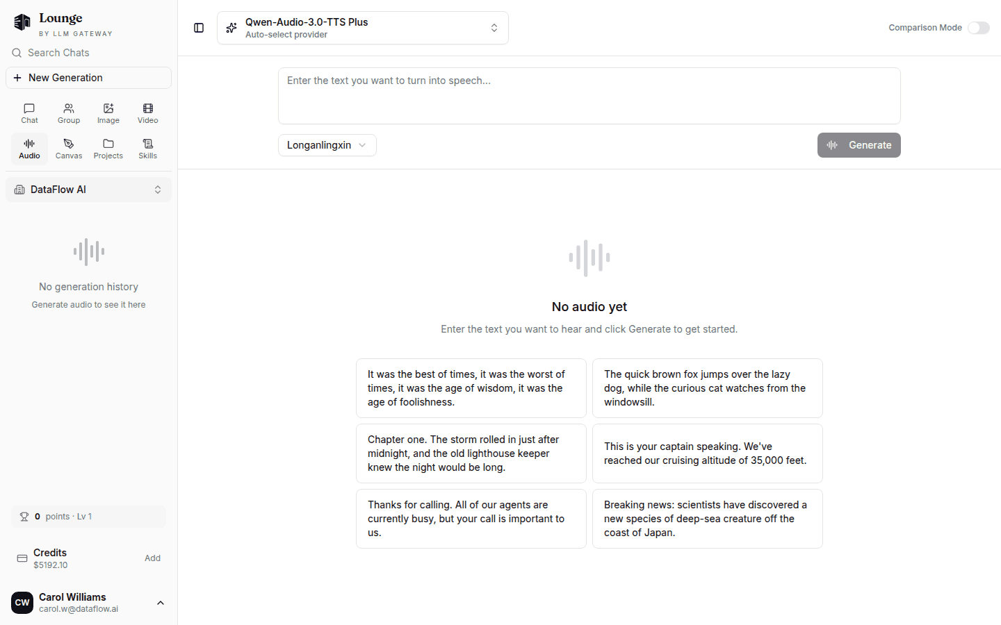 Lounge Audio Studio generating speech from text