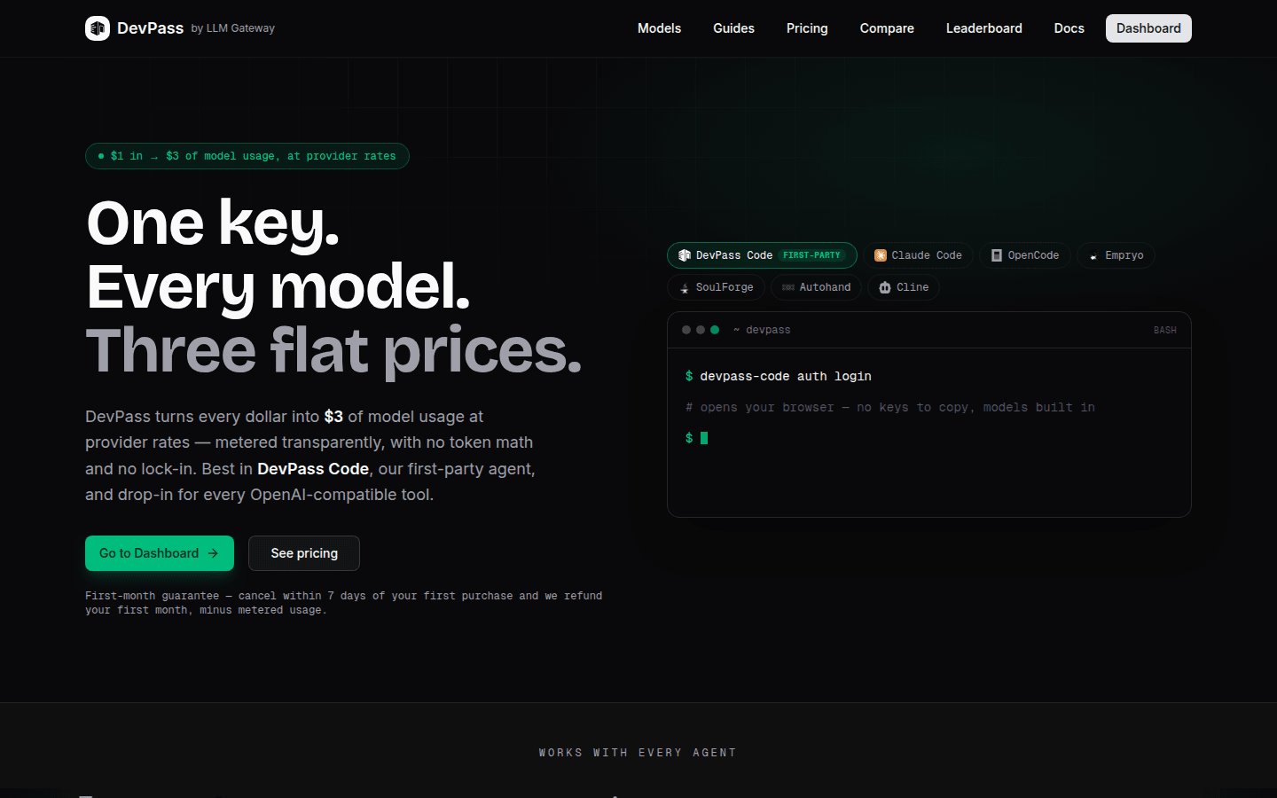 DevPass landing page with flat-price dev plans