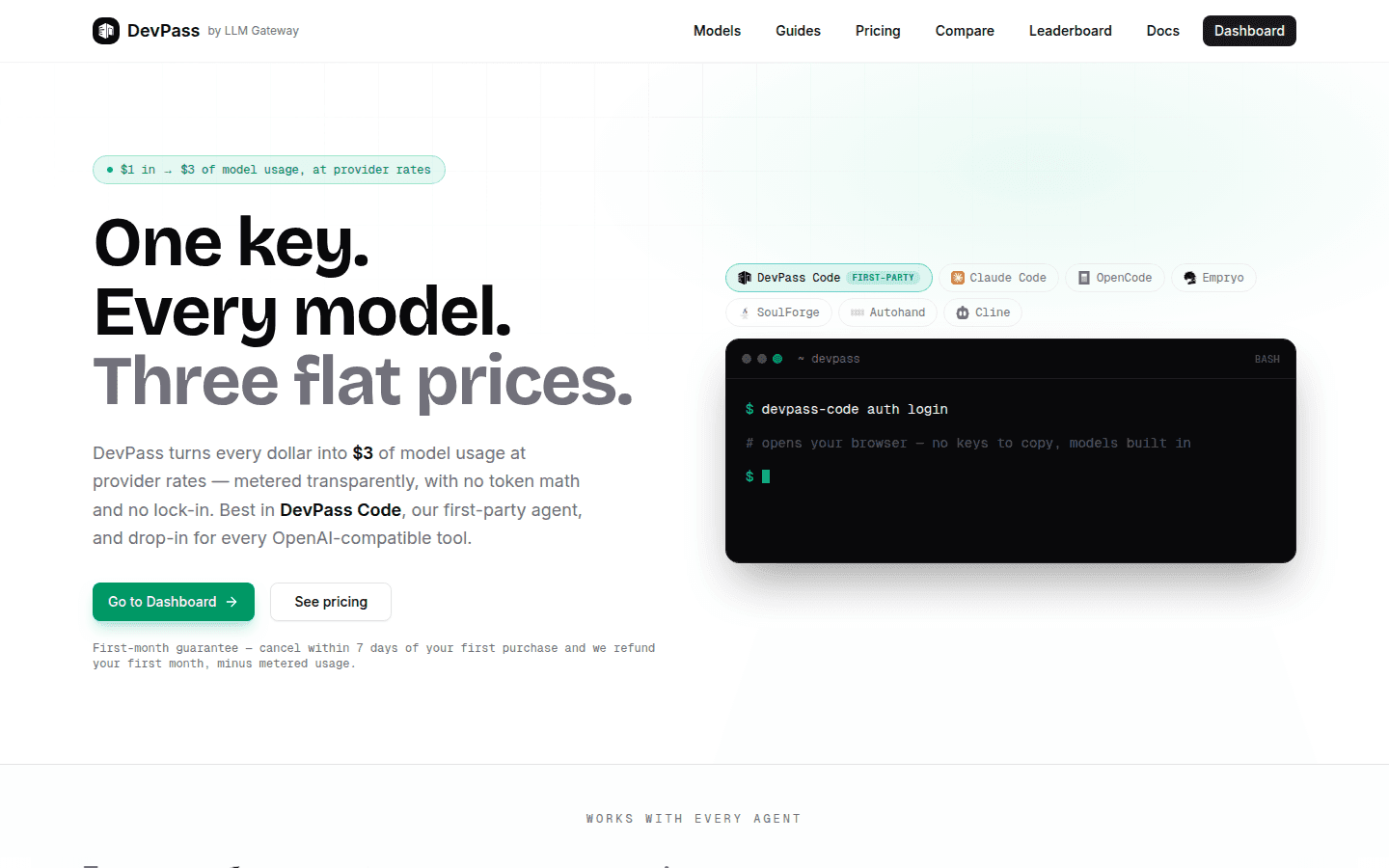 DevPass landing page with flat-price dev plans
